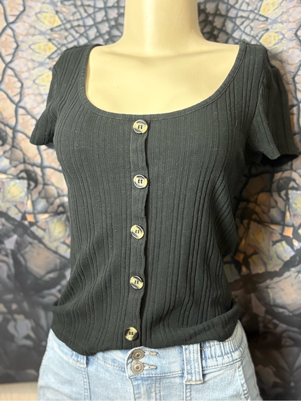Black Ribbed Button-Down Top